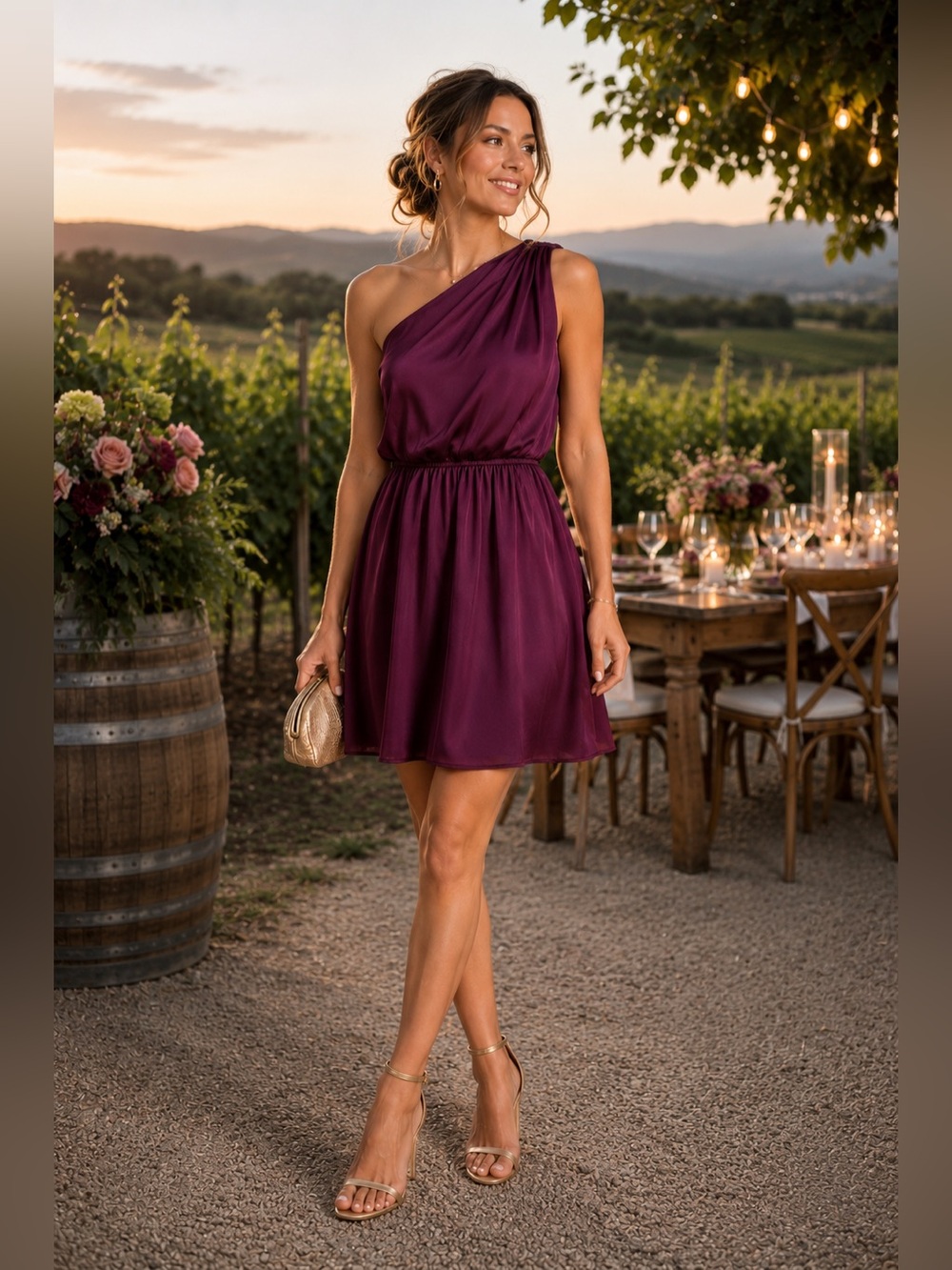 BCBGeneration One Shoulder Satin Dress Berry Wedding Guest Cocktail XS
